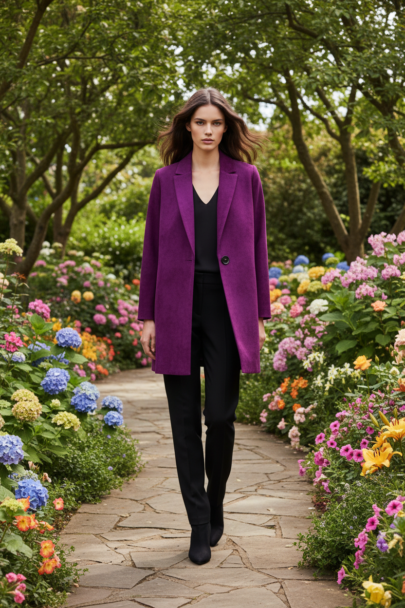 A woman walks down a stone garden path wearing an oversized purple blazer over a black top and black trousers, surrounded by colorful flowers and green trees.