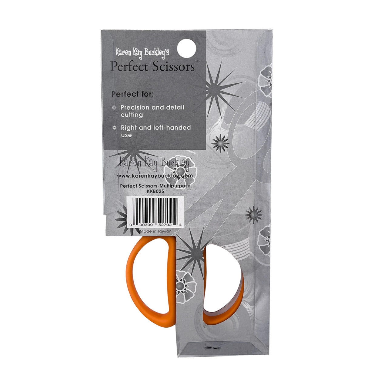 Package of Karen Kay Buckley's Perfect Scissors with orange handles on a white background