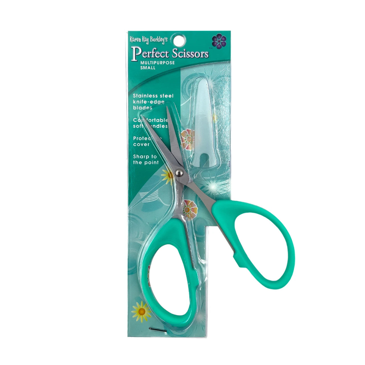 Turquoise-handled scissors in packaging with text on a white background