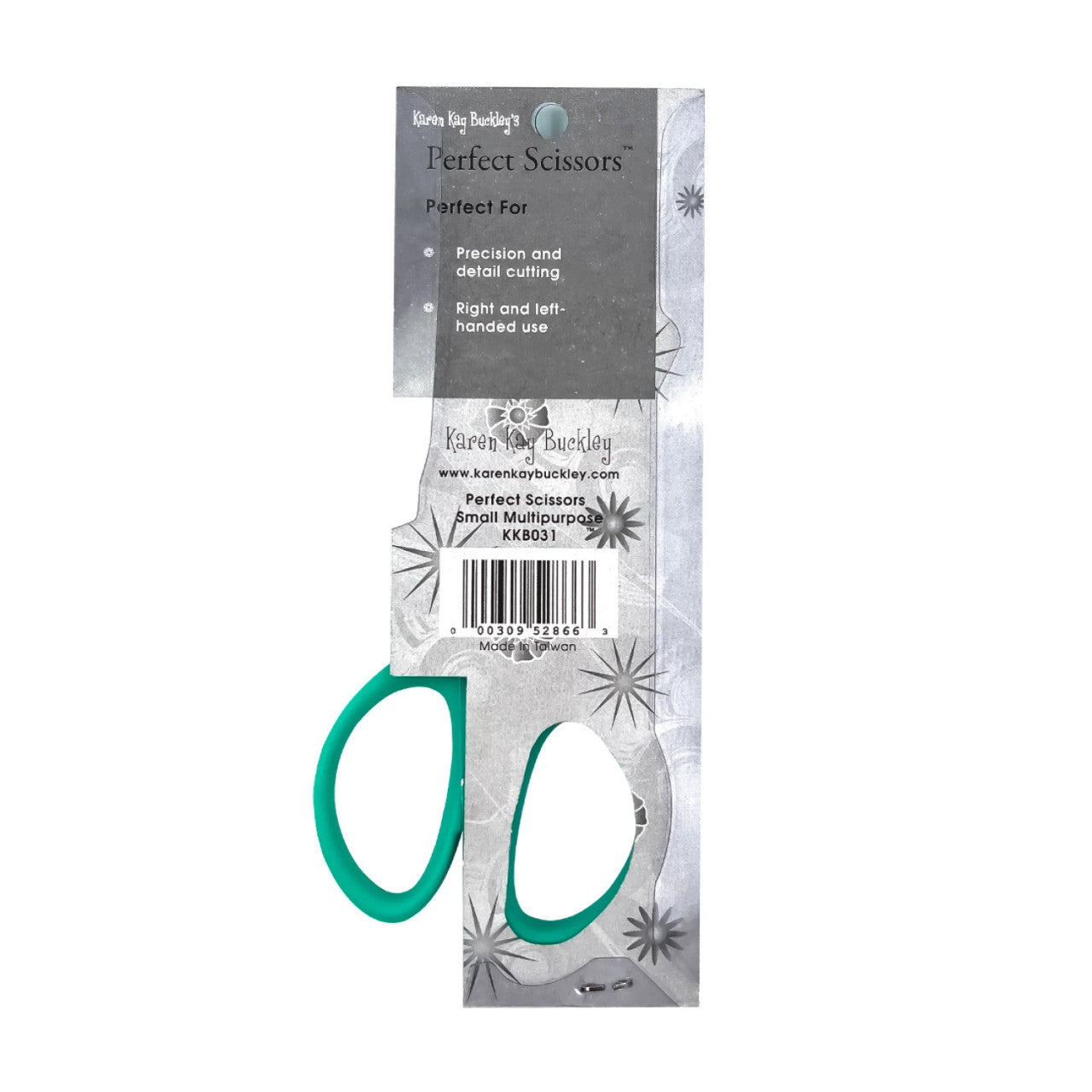 Teal-handled scissors in packaging with brand name on a white background
