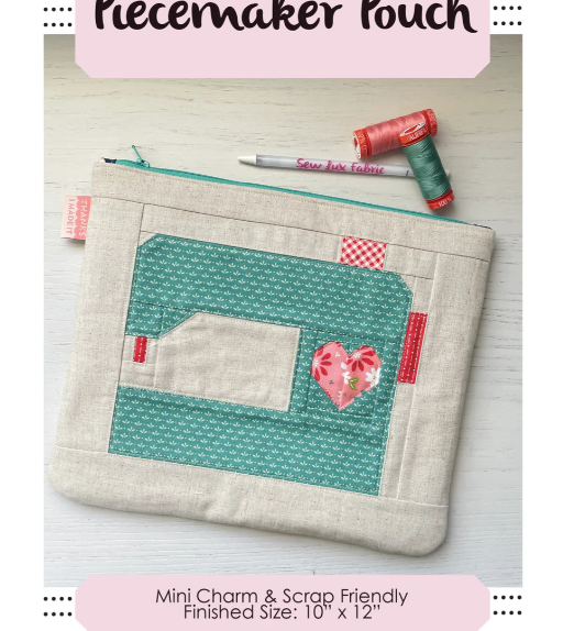 Piecemaker pouch with heart design on a white background, featuring Sew Lux Fabric branding.