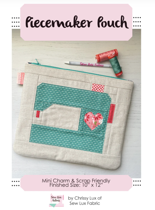 Piecemaker pouch with heart design on a white background, featuring Sew Lux Fabric branding.
