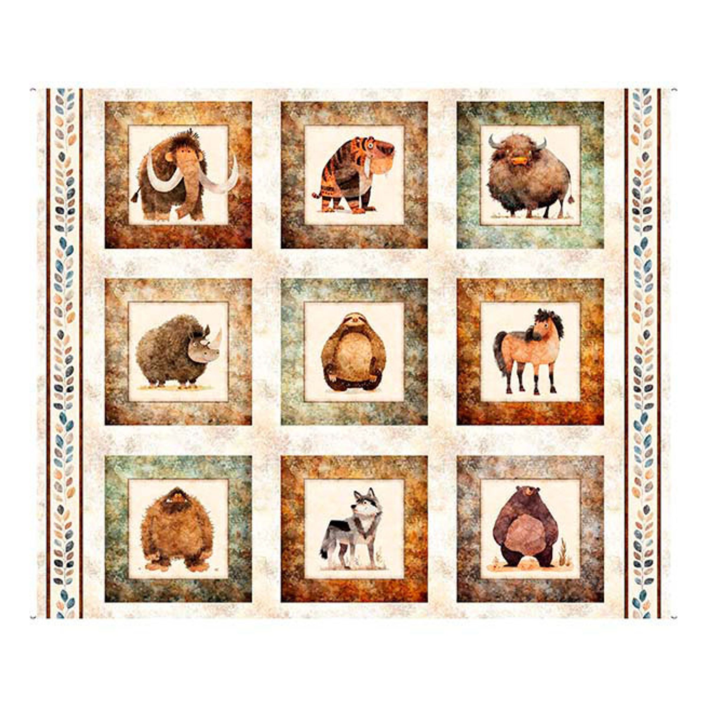 A square textile or wall hanging featuring a 3x3 grid of rustic animal illustrations, including a mammoth, tiger, buffalo, wild boar, beaver, prairie dog, horse, bear, and wolf, framed in earthy tones with decorative leafy side borders.