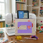 Sewing machine with a tablet on top in a craft room setting