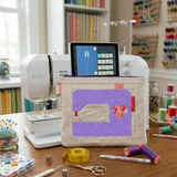 Sewing machine with a tablet on top in a craft room setting