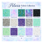 A fabric collection display titled 'Polaris Fabric Collection' showing a 3x6 grid of 18 pattern swatches with watercolor-style labels such as Falling Dots Aqua, Dotted Trails Teal, Floral Stripe Dove, and Paisley Pearl on a pale blue watercolor background.