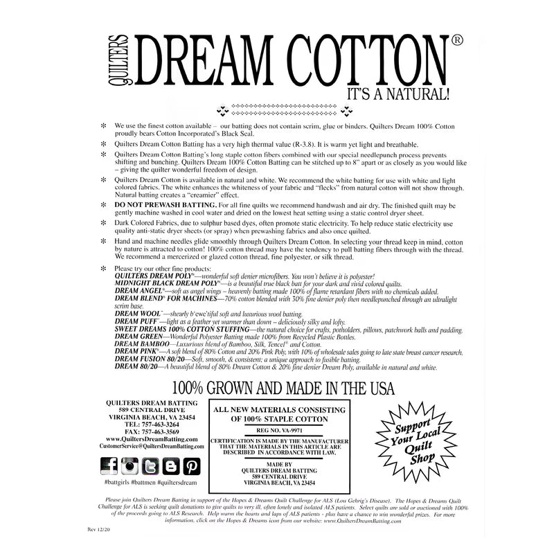 Quilter's Dream Cotton advertisement with text and branding on a white background