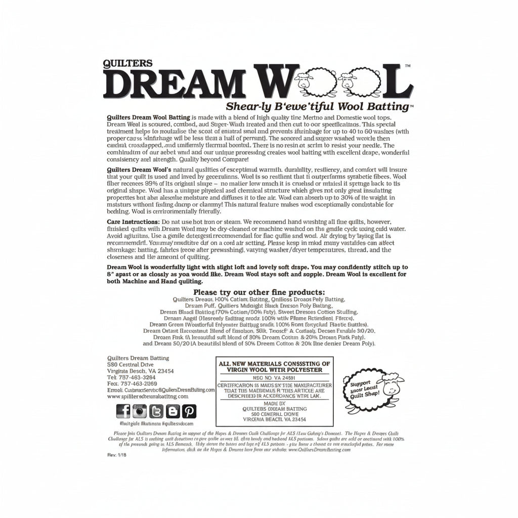 Advertisement for Quilters Dream Wool batting with product details and branding.