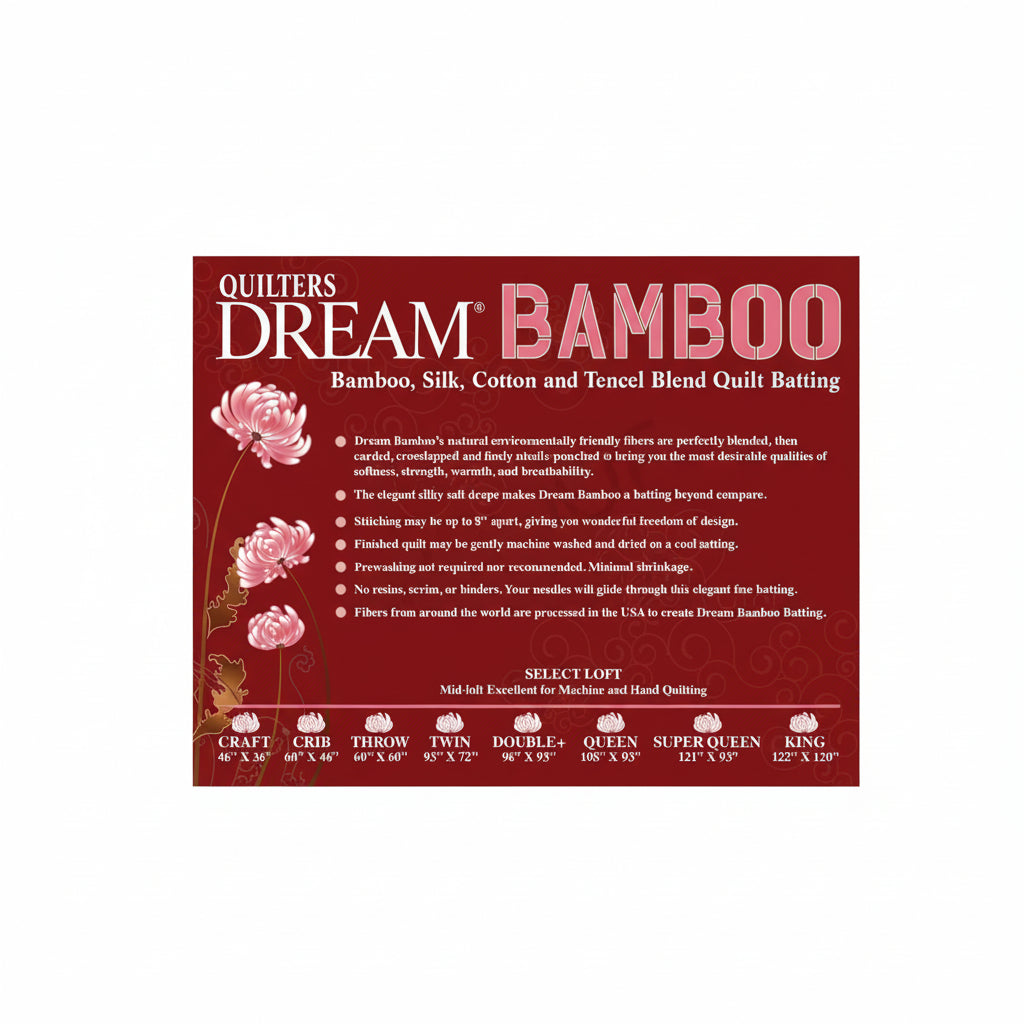Quilters Dream Bamboo quilt batting packaging with product details and floral designs on a red background.