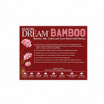 Quilters Dream Bamboo quilt batting packaging with product details and floral designs on a red background.