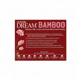 Quilters Dream Bamboo quilt batting packaging with product details and floral designs on a red background.