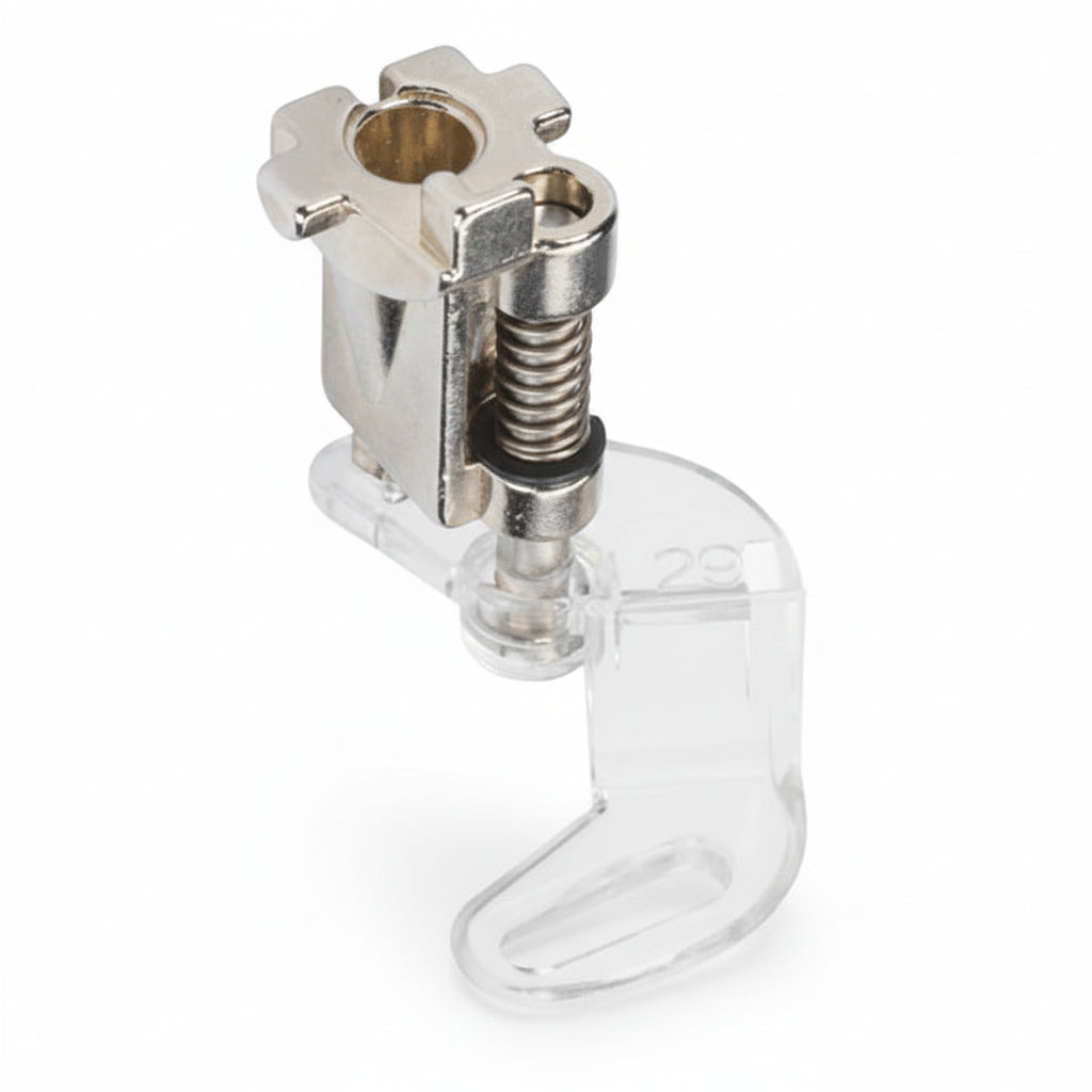 Metal clip with a clear plastic base on a white background
