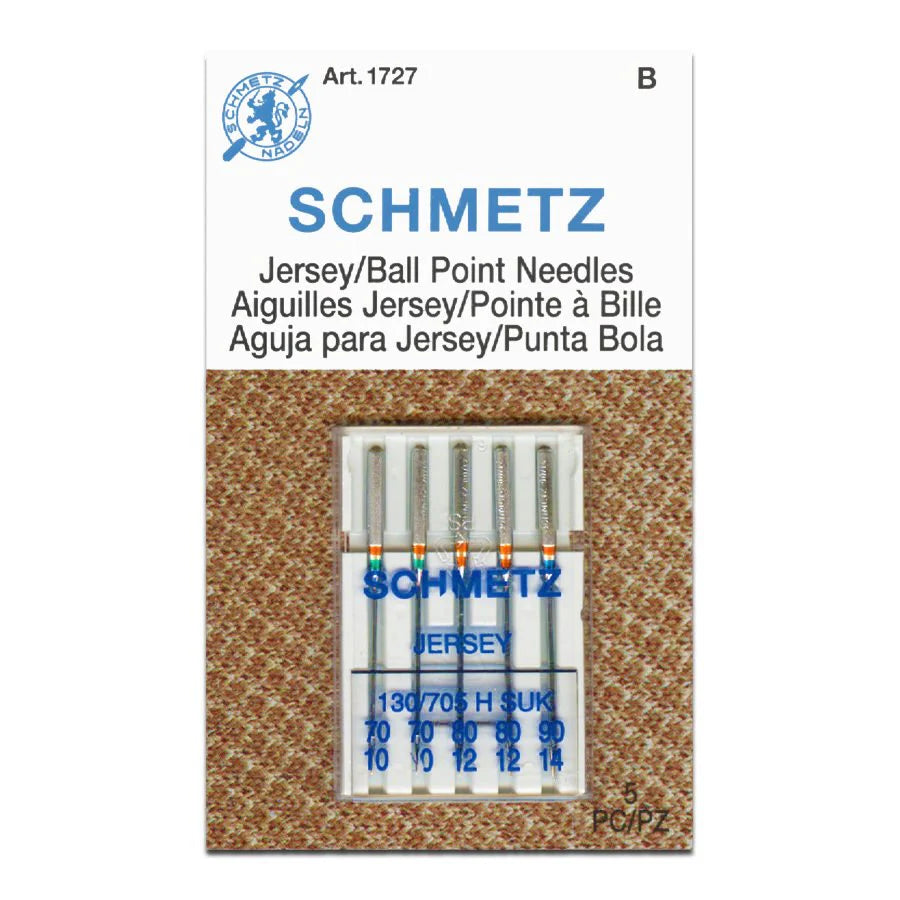 Schmetz jersey ball point needles packaging on a white background