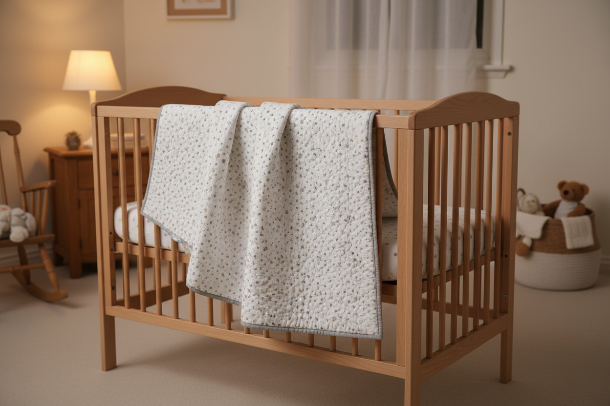 fabric as a baby quilt hanging over a crib