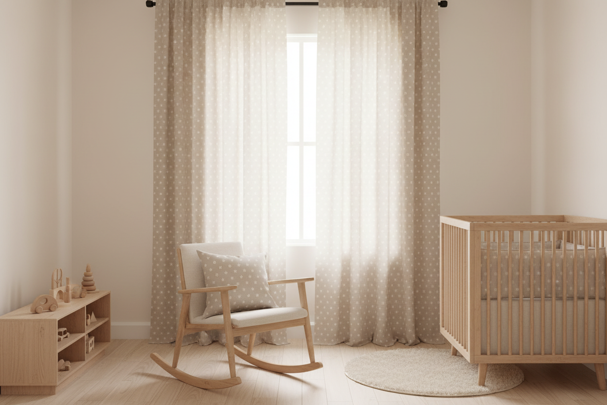 Fabric decorated with a pattern of small suns decorating a child's nursery.