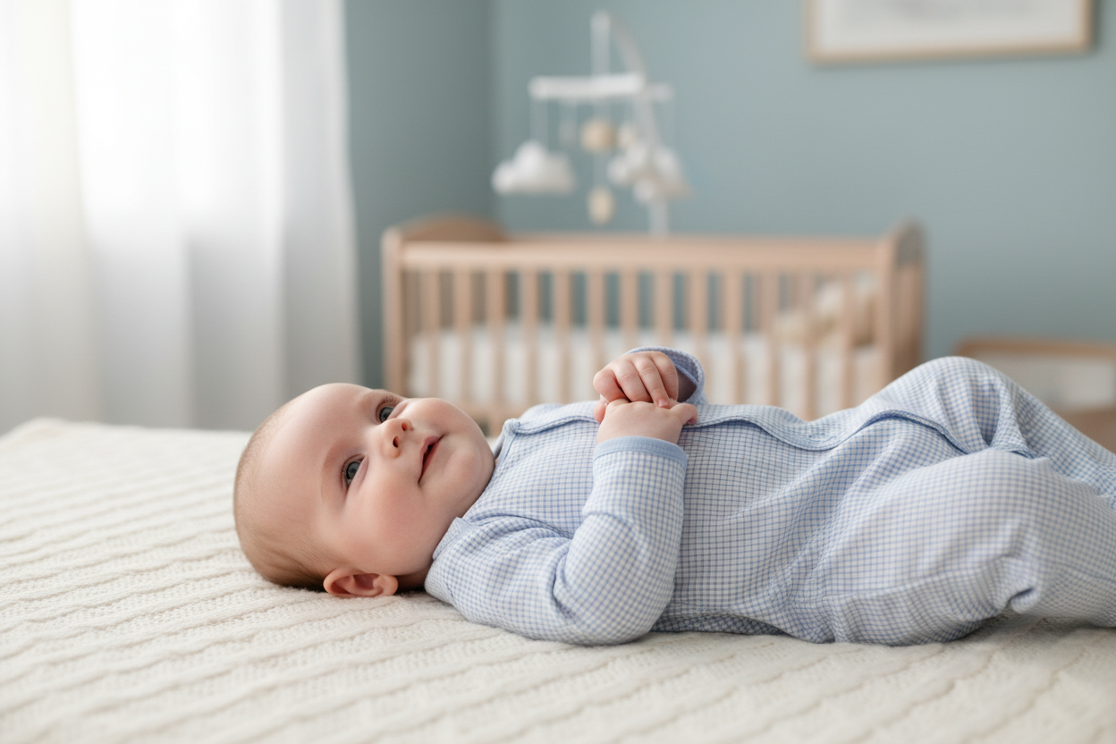 Baby wearing blue gingham clothes