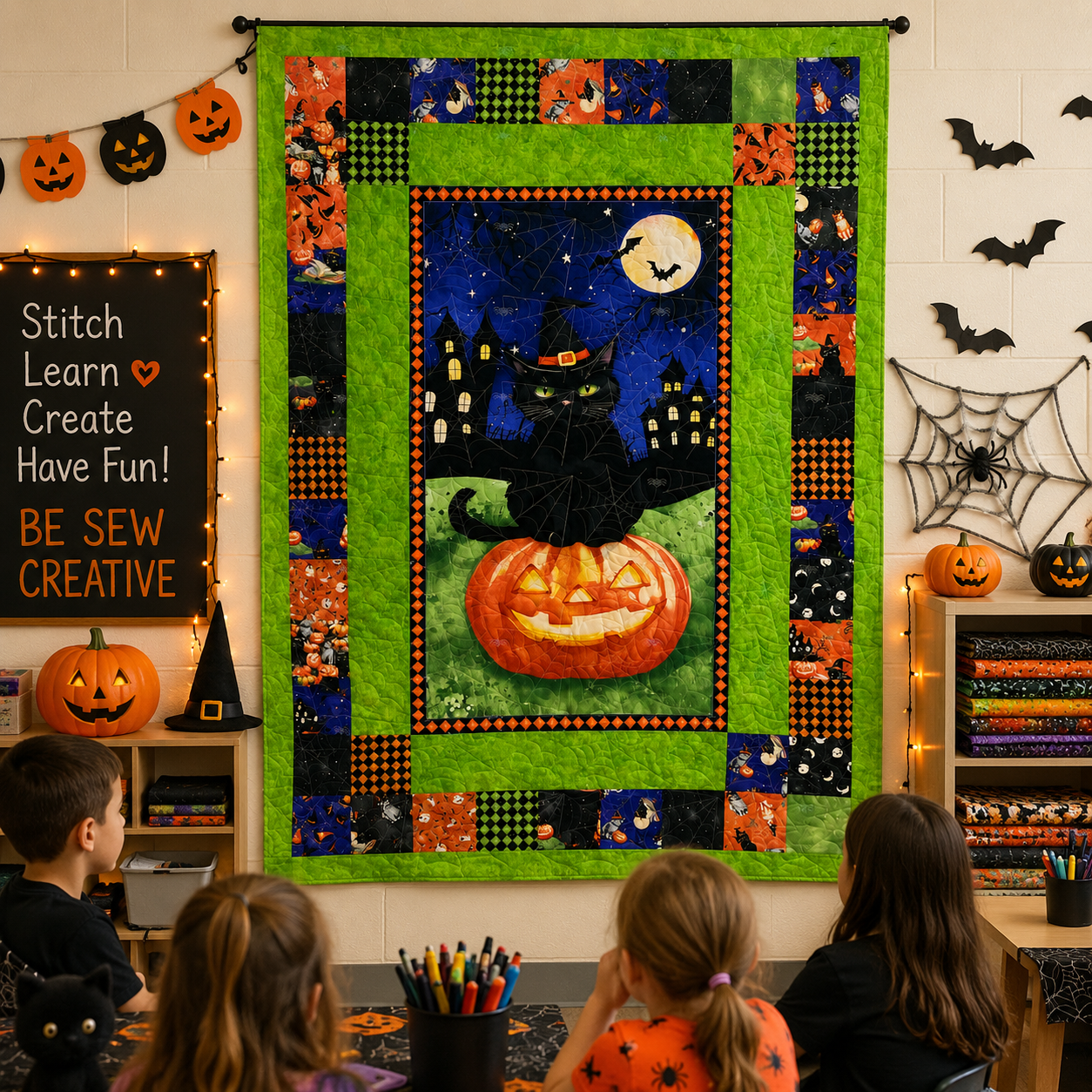 Spooky Tails Halloween Wall Hanging Fabric Kit featuring a black cat on a pumpkin with a colorful Halloween patchwork border, finishes 40 x 58 inches.