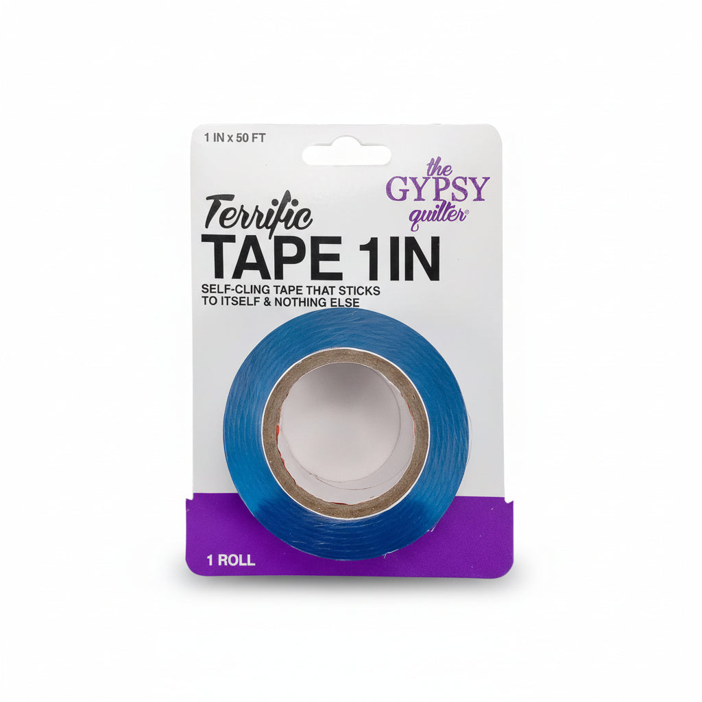 Packaging of Terrific Tape 1IN by the Gypsy Quilter with a roll of blue tape on a white background.