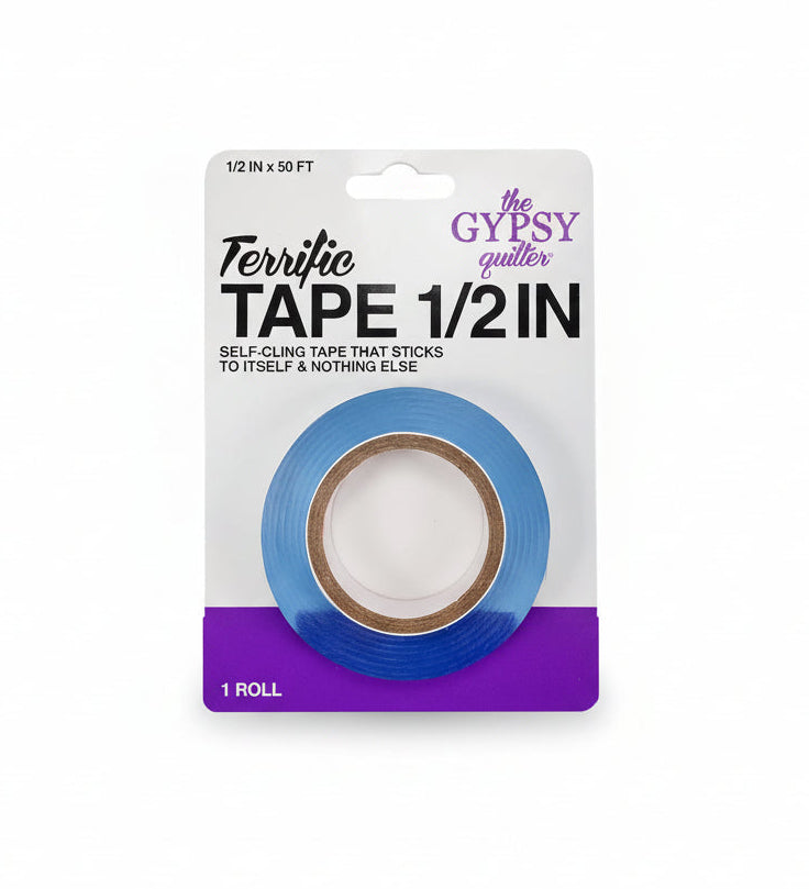 Gypsy Quilter terrific tape packaging with blue tape roll on a white background