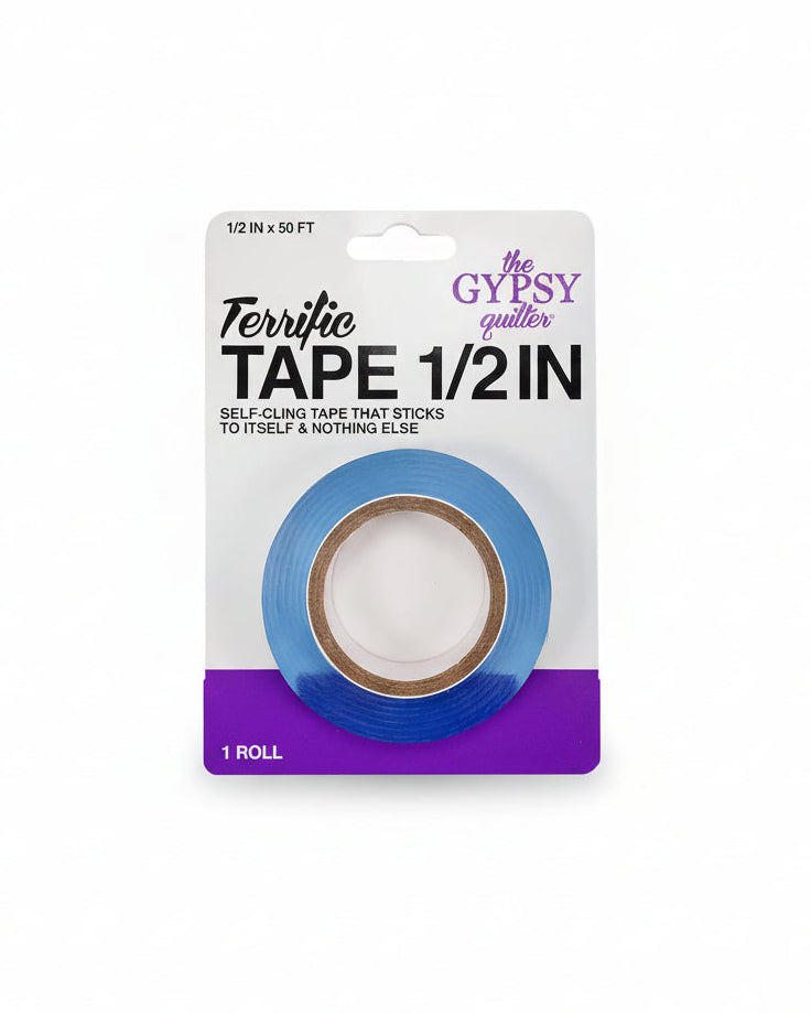 Gypsy Quilter terrific tape packaging with blue tape roll on a white background