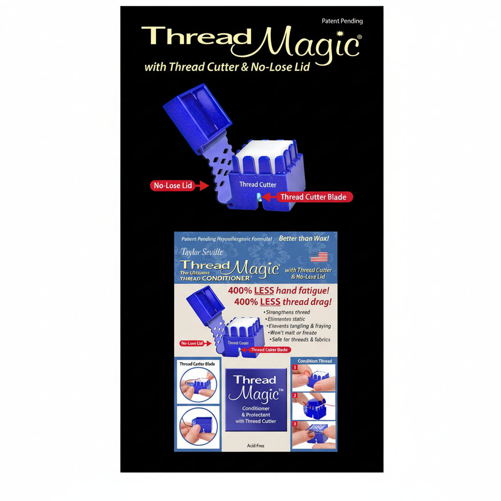 Thread Magic product packaging with blue container and text on a black background