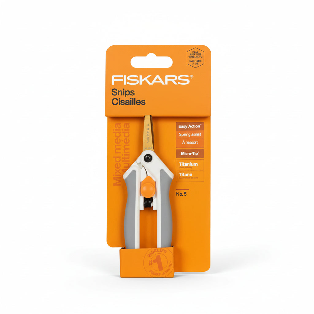 Fiskars pruner packaging with product and branding details on an orange background