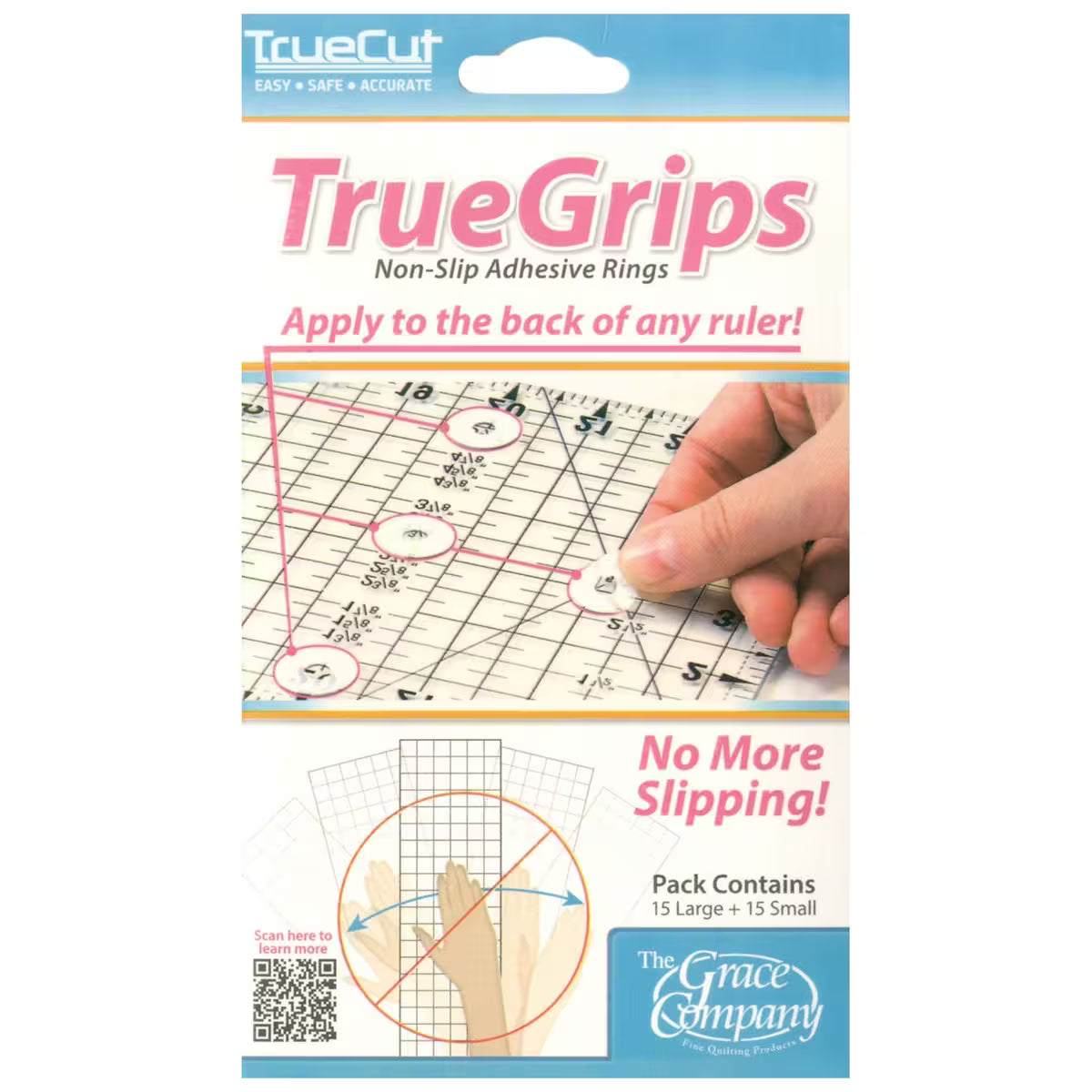 TrueGrips non-slip adhesive rings packaging with a hand applying the rings to a ruler.