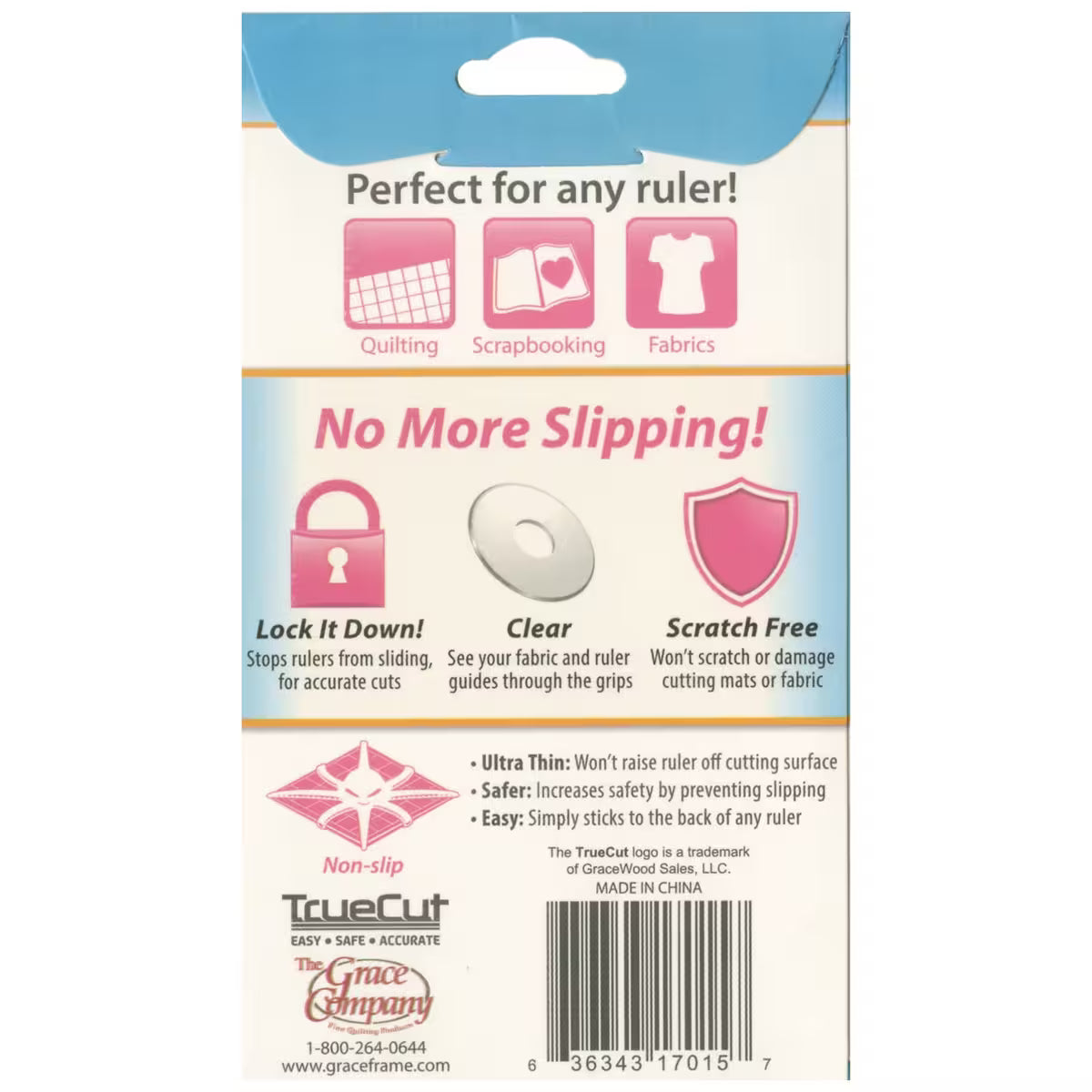 Package of TrueCut non-slip ruler pads with text and graphics on a white background