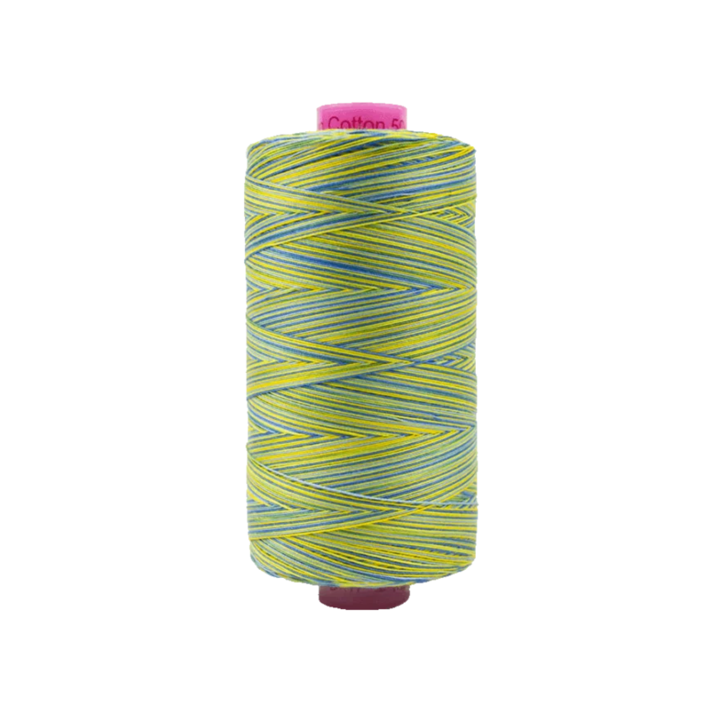 Spool of Tutti Bright Day TU1-02 50wt variegated Egyptian cotton thread featuring bright sunny yellow tones with soft warm color variation.