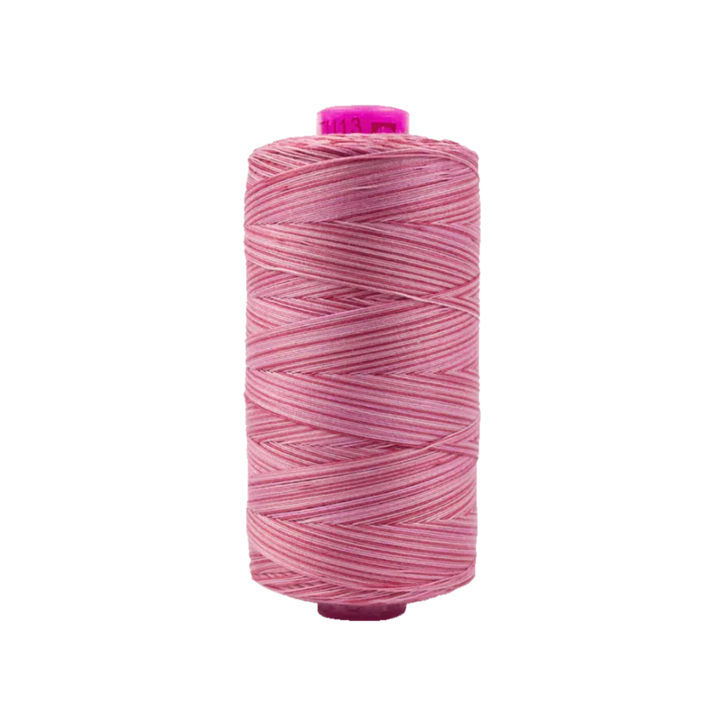 Spool of Tutti Hibiscus TU1-13 50wt variegated Egyptian cotton thread featuring vibrant hibiscus pink and coral tones with soft warm variation.