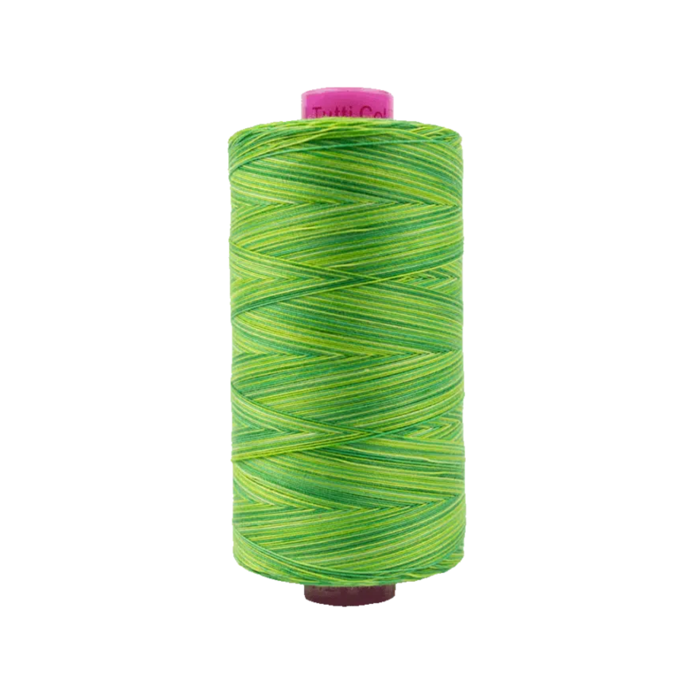 Spool of Tutti Leaves TU1-30 50wt variegated Egyptian cotton thread featuring fresh leafy green tones with soft natural variation.