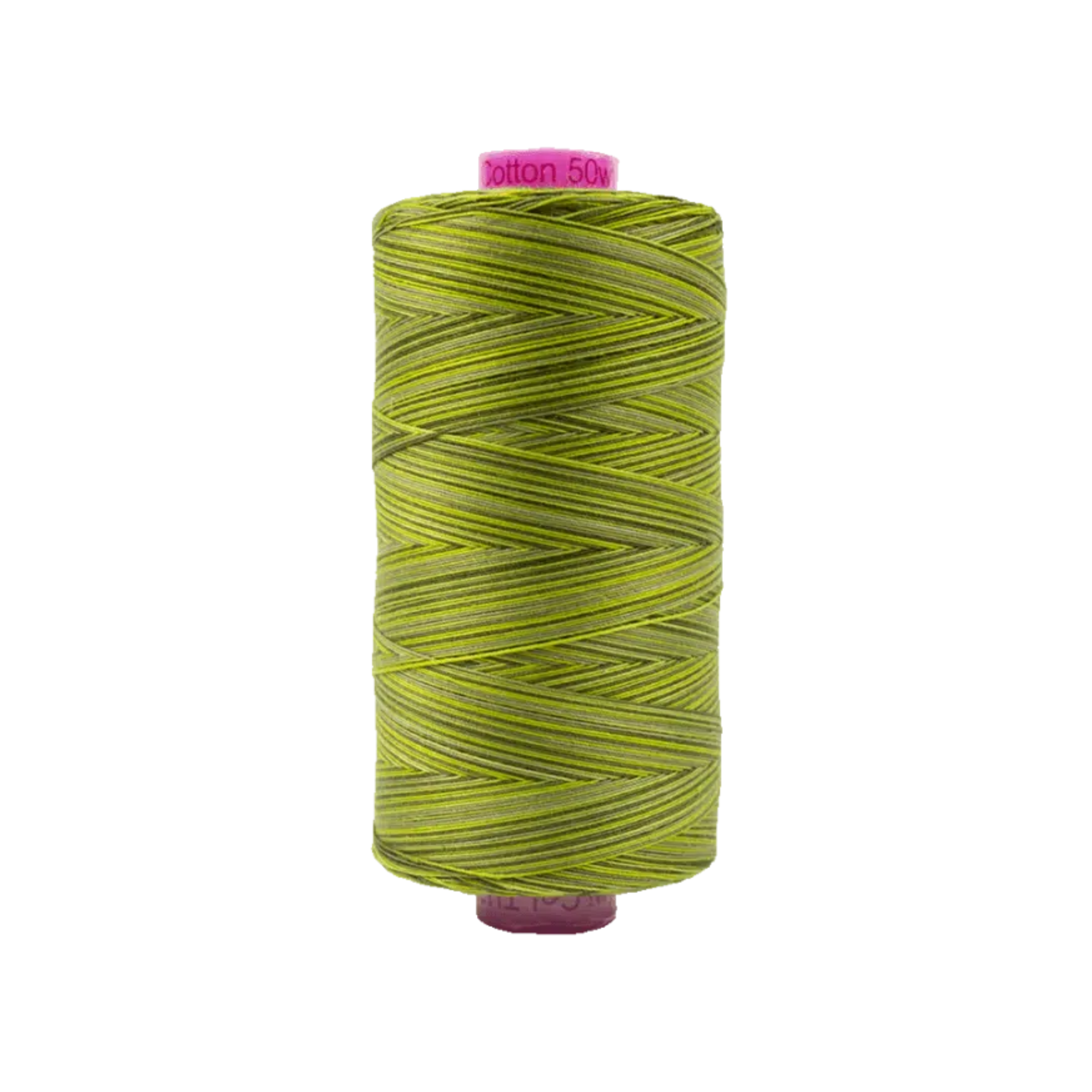 Spool of Tutti Moss TU1-32 50wt variegated Egyptian cotton thread featuring muted moss green tones with soft earthy variation.