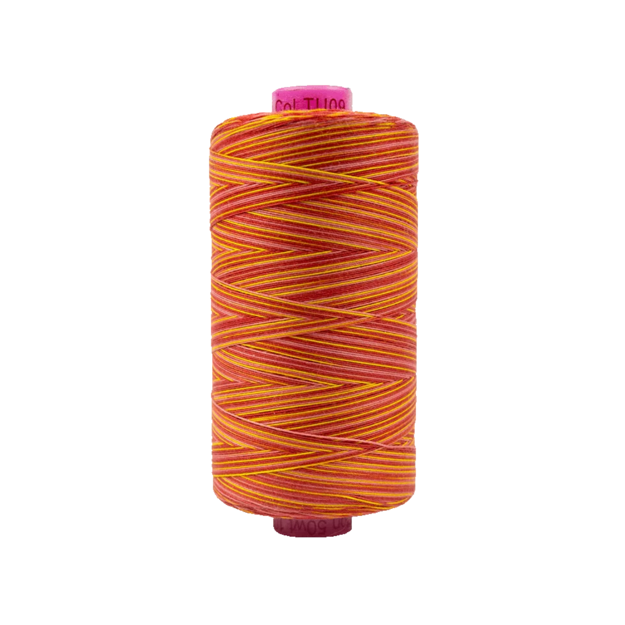 Spool of Tutti Serenade TU1-09 50wt variegated Egyptian cotton thread featuring soft blended pink, rose, and peach tones with gentle color variation.