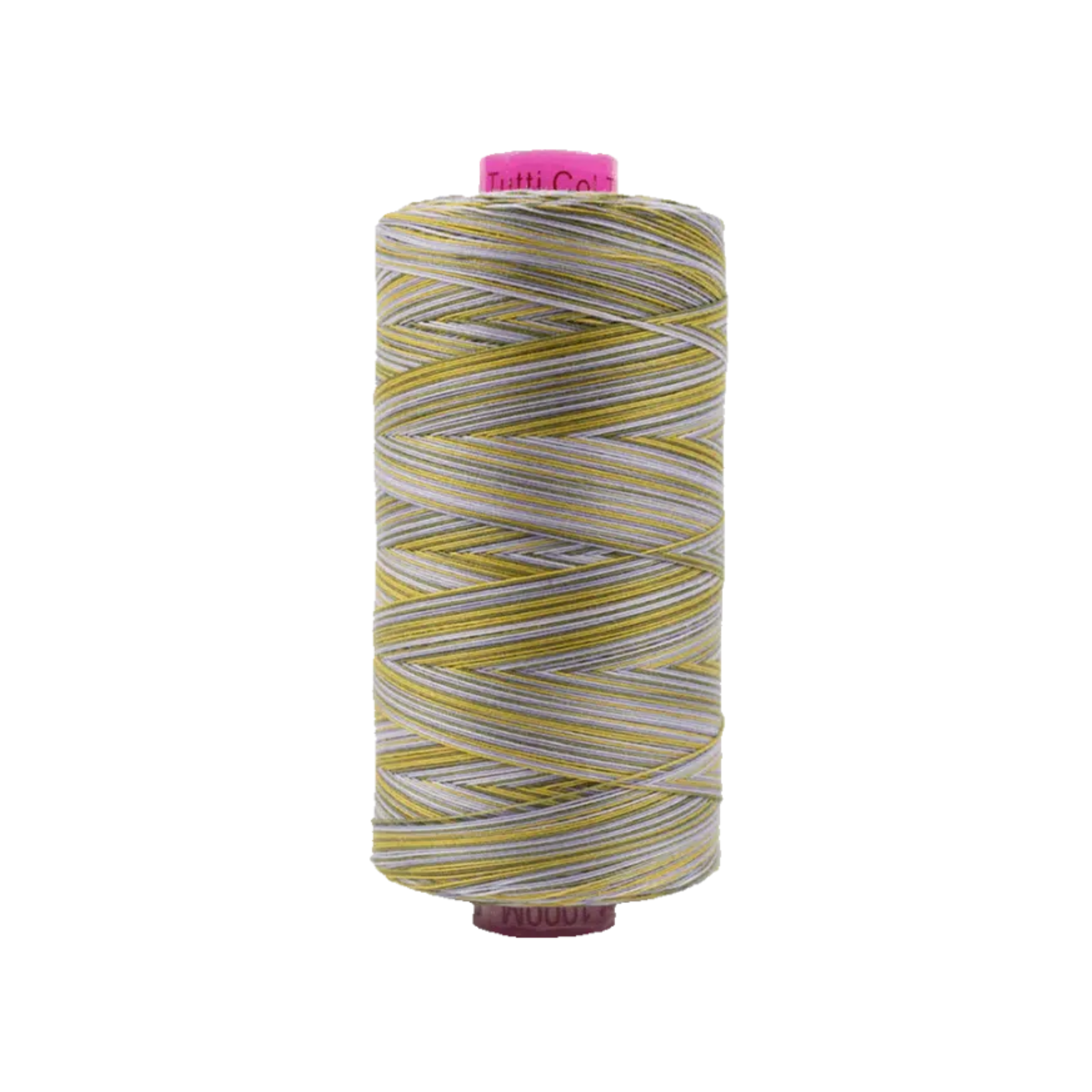 Spool of Tutti Spring TU1-14 50wt variegated Egyptian cotton thread featuring fresh spring green and soft light tones with gentle color variation.