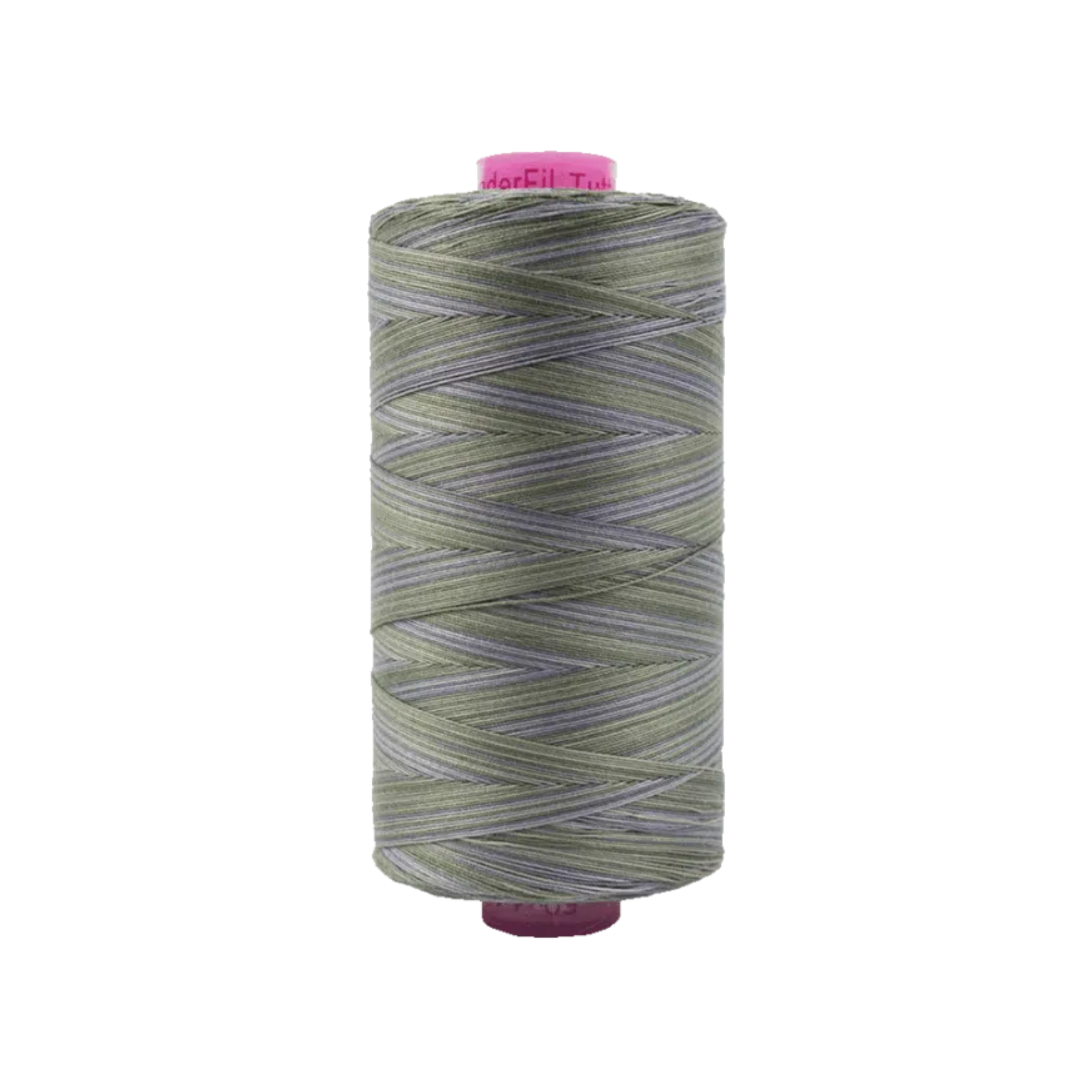 Spool of Tutti Stone TU1-39 50wt variegated Egyptian cotton thread featuring soft gray, sage green, and blue-gray tones with subtle natural variation.