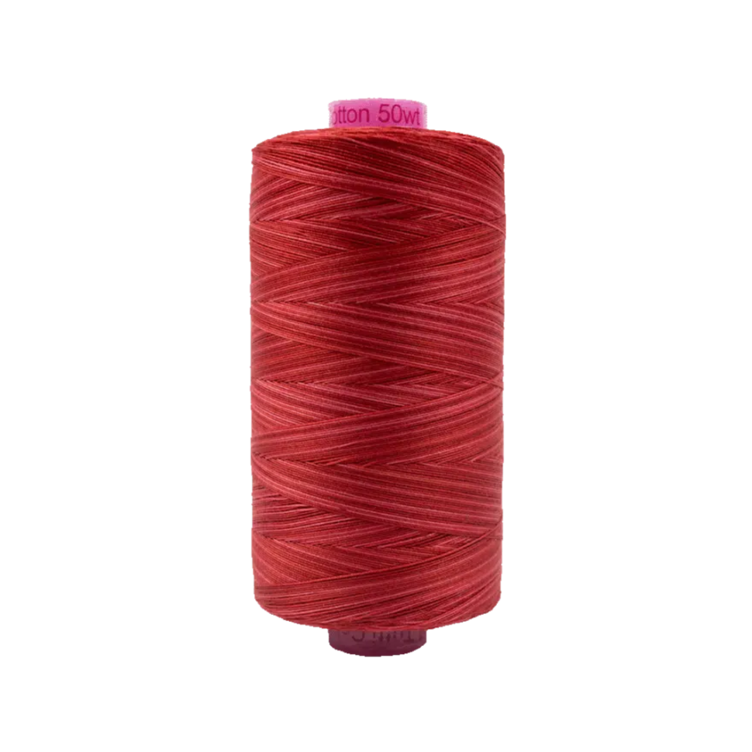 Spool of Tutti Strawberry TU1-12 50wt variegated Egyptian cotton thread featuring bright strawberry red and pink tones with soft color variation.