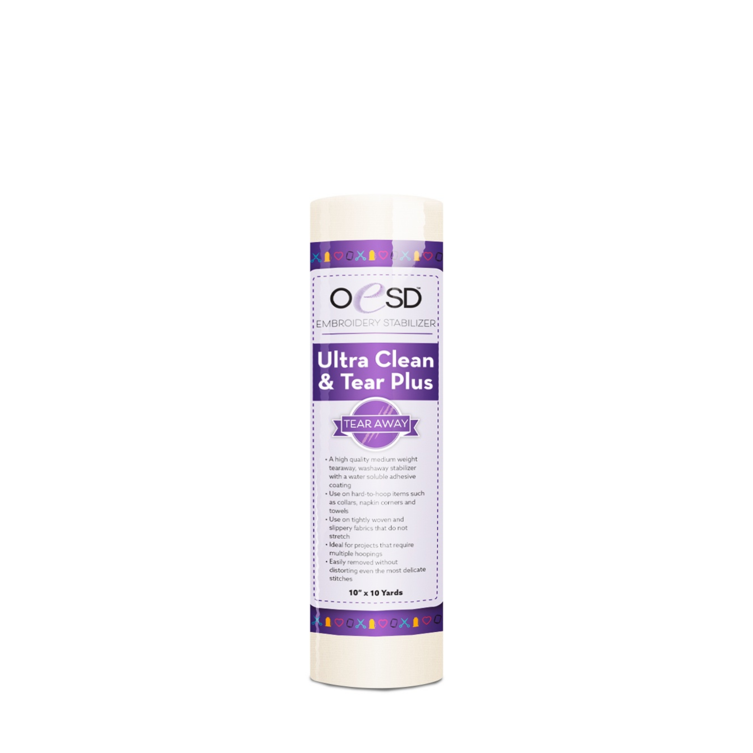 OESD Ultra Clean and Tear Plus 10x10yd embroidery stabilizer roll with water-soluble adhesive for hard-to-hoop machine embroidery projects