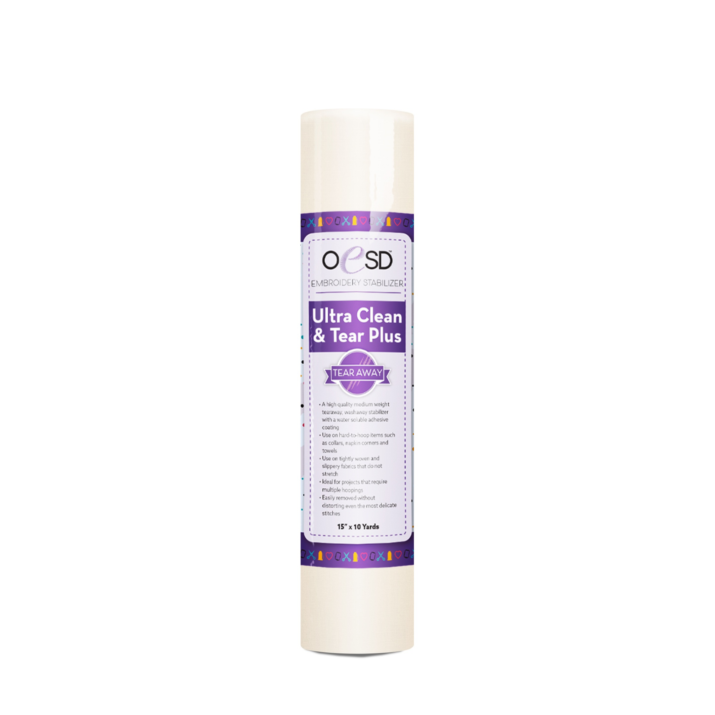 OESD Ultra Clean and Tear Plus 15x10yd embroidery stabilizer with light adhesive for securing fabric during machine embroidery projects