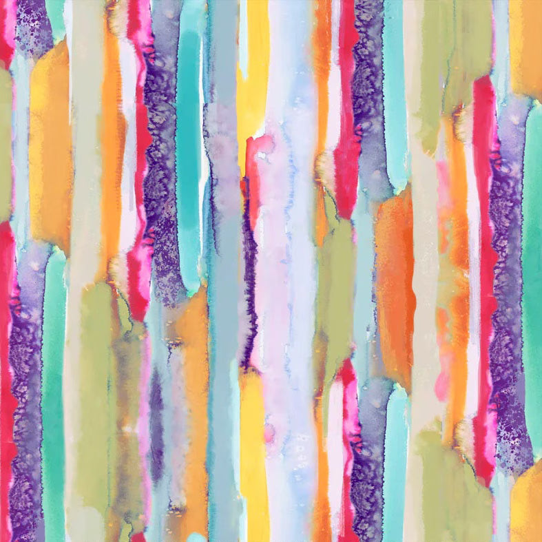 Abstract vertical watercolor brushstrokes in a multicolor pattern with shades of teal, yellow, orange, pink, purple, green, and white.