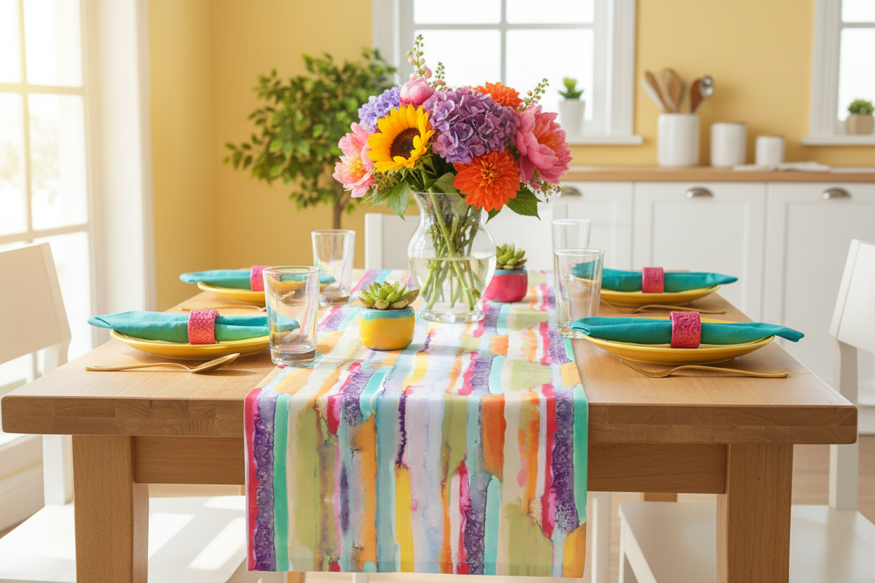 A colorful watercolor-style table runner draped over a wooden dining table, styled with yellow plates, teal napkins, glassware, and a vibrant flower bouquet in a bright kitchen setting.