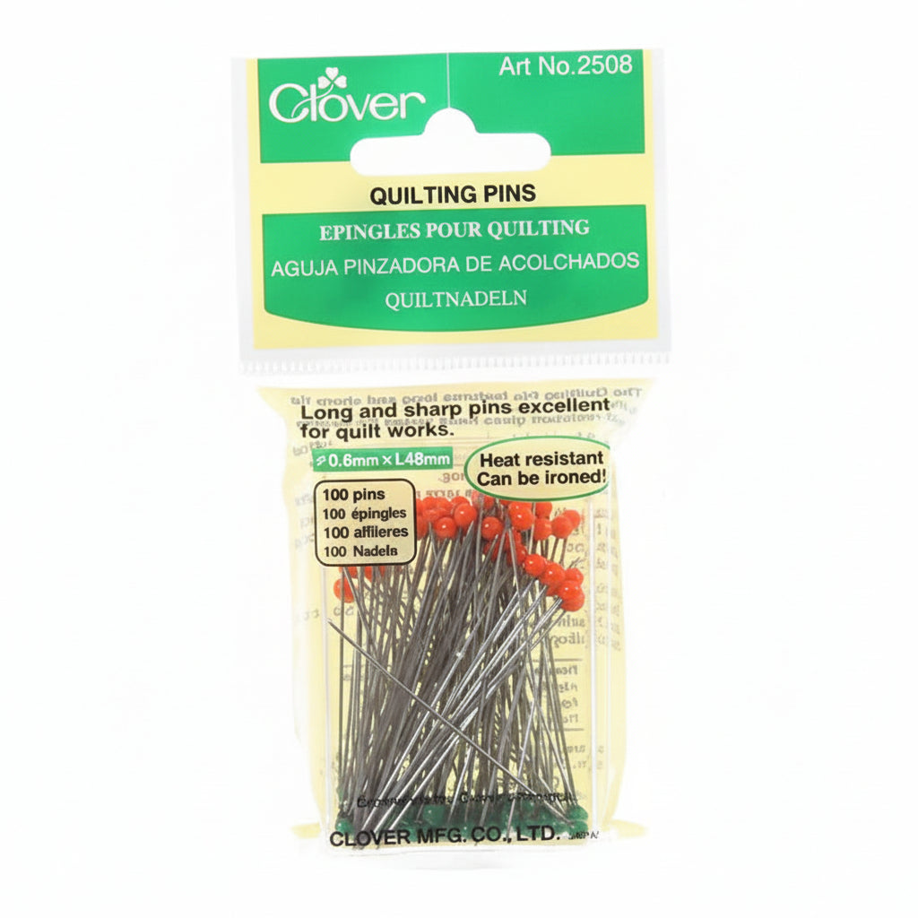 Pack of quilting pins with a green Clover brand label on a white background