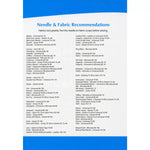 Needle and fabric recommendations list on a white background with blue borders